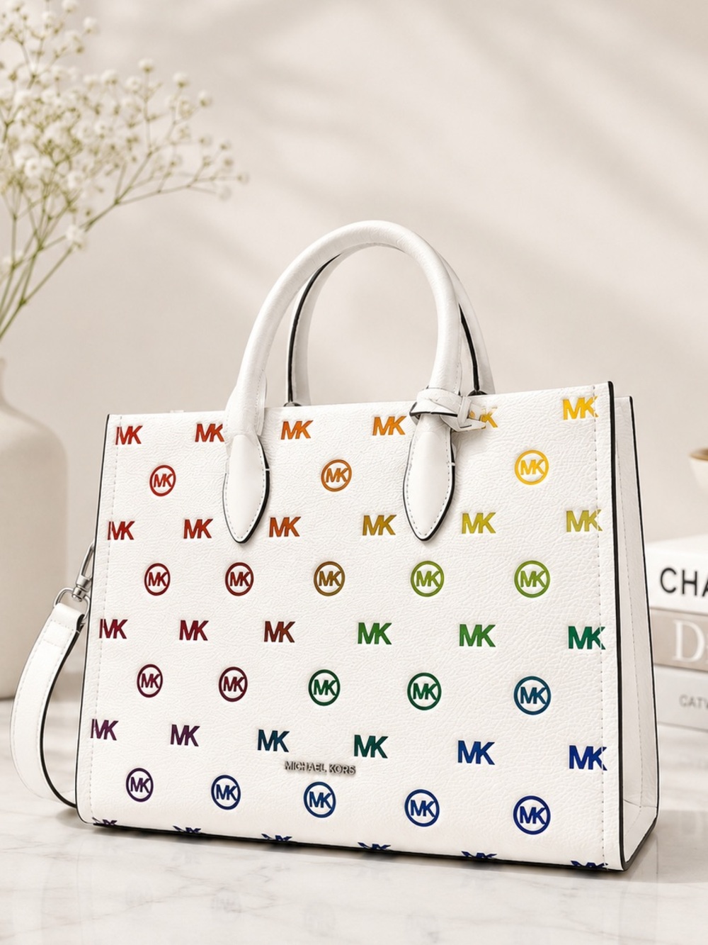 Michael Kors Mirella Medium Rainbow Logo Embossed Tote Bag